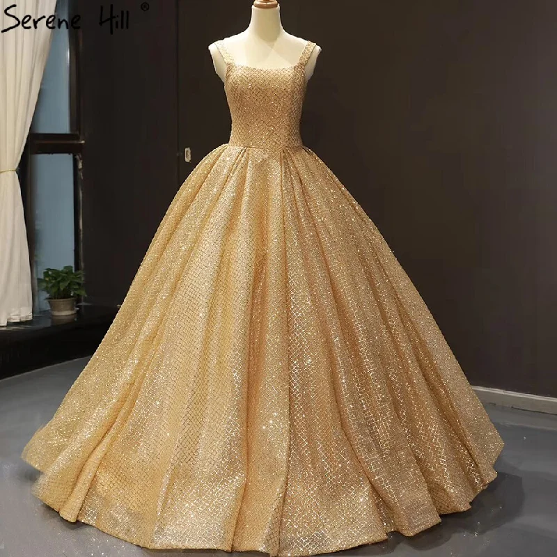 Serene Hill Gold Luxury Glitter Wedding Dresses 2024 Spaghetti Strap Sexy Bridal Dress HM66731 Custom Made