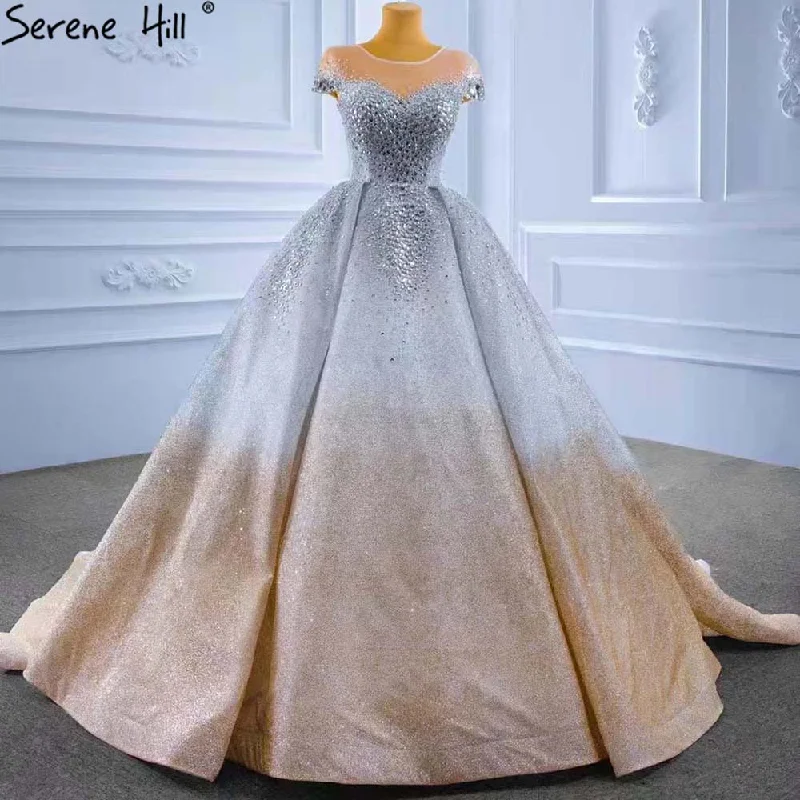 Serene Hill Gold Silver Luxury Wedding Dresses 2024 Cap Sleeve Beaded Crystal Bride Gowns HM67362 Custom Made