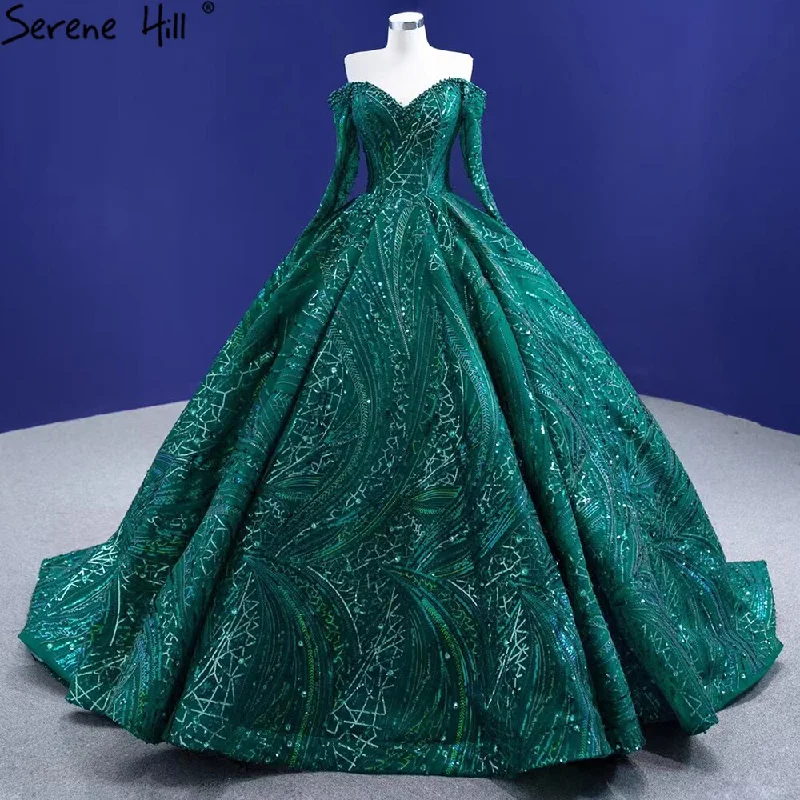 Serene Hill Green Luxury Beaded Wedding Dresses 2024 Long Sleeves High-end Bride Gowns HM67368 Custom Made