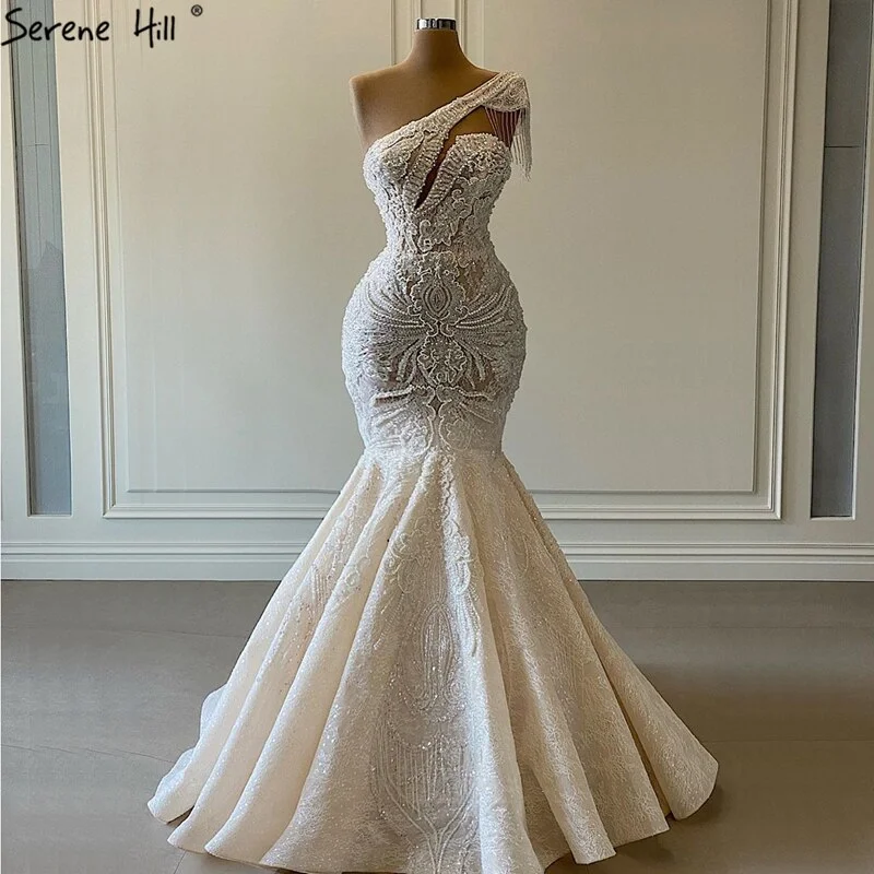 Serene Hill Ivory Mermaid Vintage Wedding Dresses 2024 One Shoulder Beading Lace Sexy High-end Bridal Gown HM67187