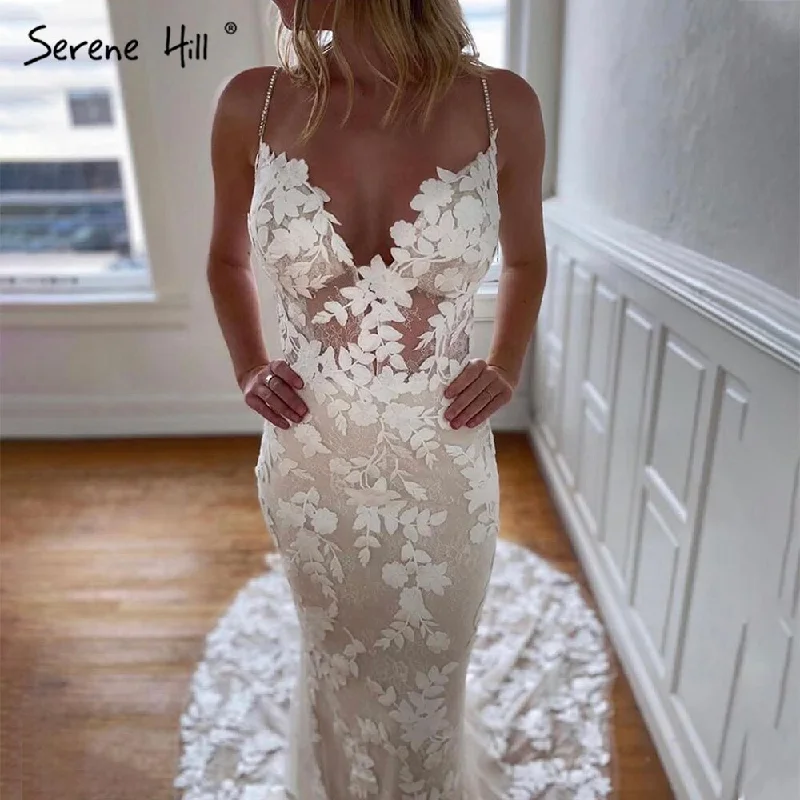 Serene Hill Ivory Spaghetti Strap Mermaid Wedding Dresses 2024 Lace Backless Sexy Bridal Gowns LA70431