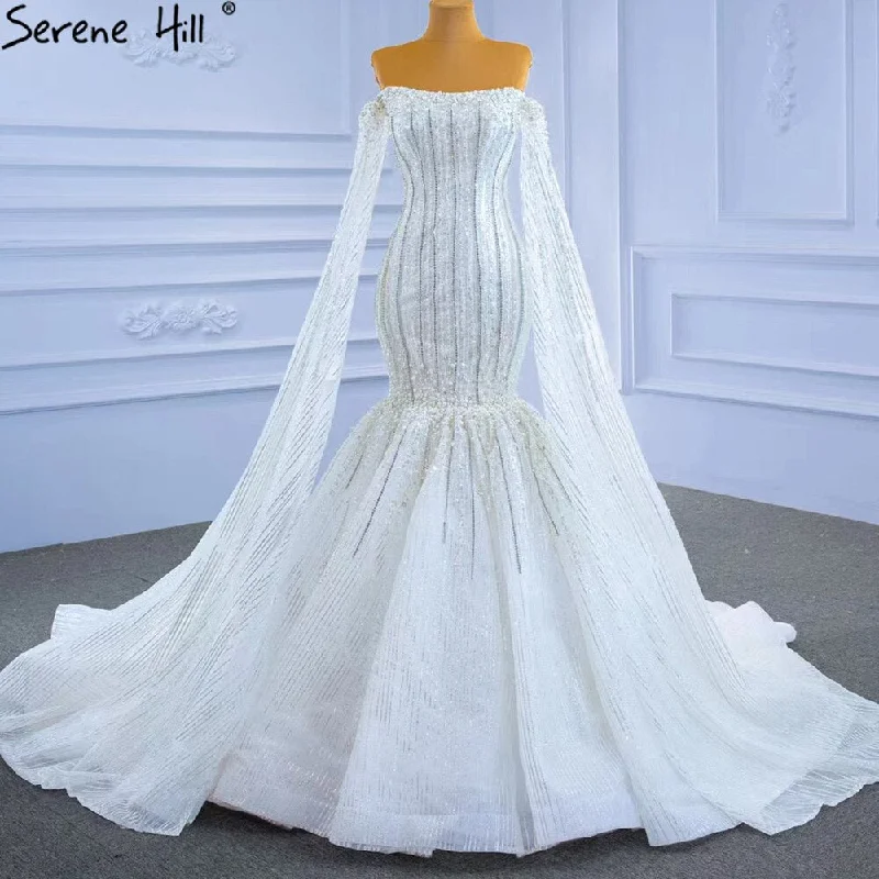 Serene Hill Luxury Mermaid White Wedding Dresses 2024 Cape Sleeves Beaded Pearls Bride Gowns HM67278 Custom Made