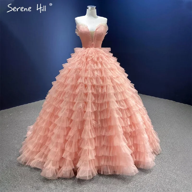 Serene Hill Meat Pink Sexy Wedding Dresses 2024 Ruffles Tiered Lace Up Bridal Gowns HM67033B Custom Made