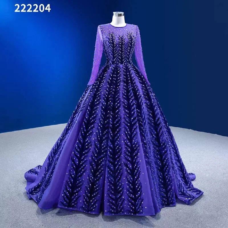 Serene Hill Muslim Blue Purple Luxury Beaded Appliques Lace Up Ball Gowns Wedding Dress 2024 High End Custom Made HM222204