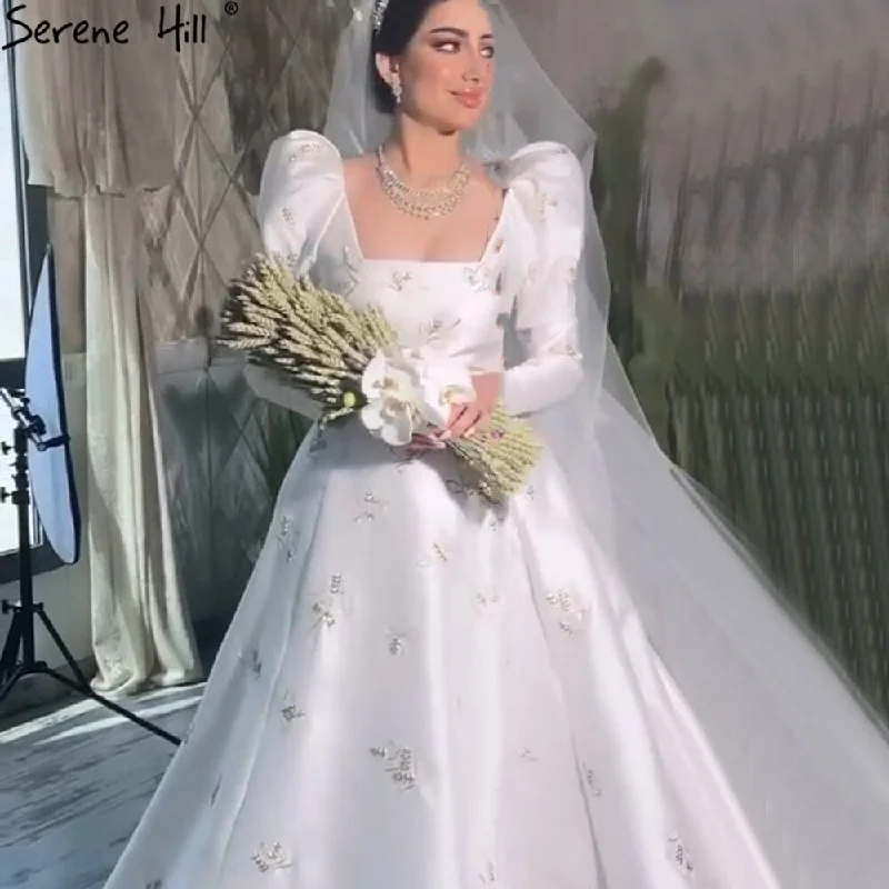 Serene Hill Muslim Ivory Satin Wedding Gowns 2024 Puffy Sleeves Beading Bridal Dresses HA2498 Custom Made