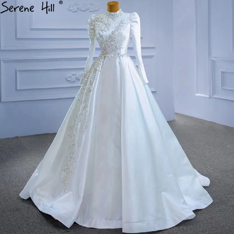 Serene Hill Muslim White A-Line Wedding Dresses 2024 Beaded High-end Satin Bride Gowns HM67396 Custom Made