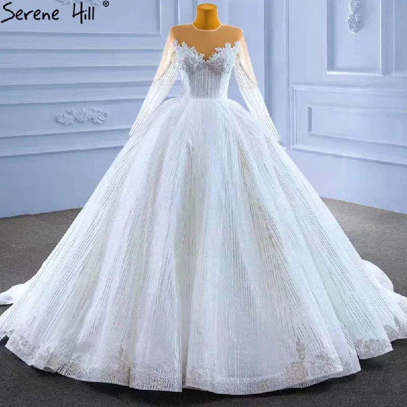 Serene Hill Muslim White Luxury Wedding Dresses 2024 Beaded Lace Up High-end Bride Gowns HM67388 Custom Made