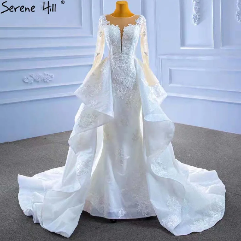 Serene Hill Muslim White OverSkirt  Wedding Dresses Gowns 2024 Mermaid Elegant Lace High-end Bridal Dress HM67416