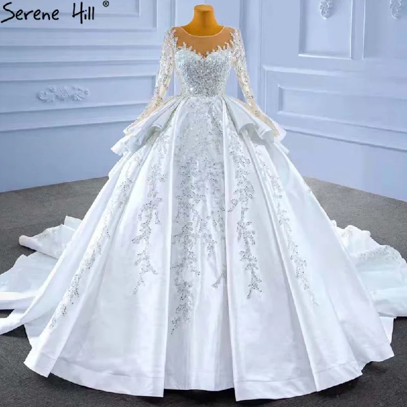 Serene Hill Muslim White Ruffles Beaded Wedding Dresses 2024 Satin Luxury Lace Up Bride Gowns HM67329 Custom Made