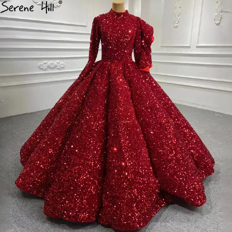 Serene Hill Muslim Wine Red Sequined Wedding Dresses 2024 Long Sleeves Luxury Sparkle Bridal Gowns HA2522 Custom Made