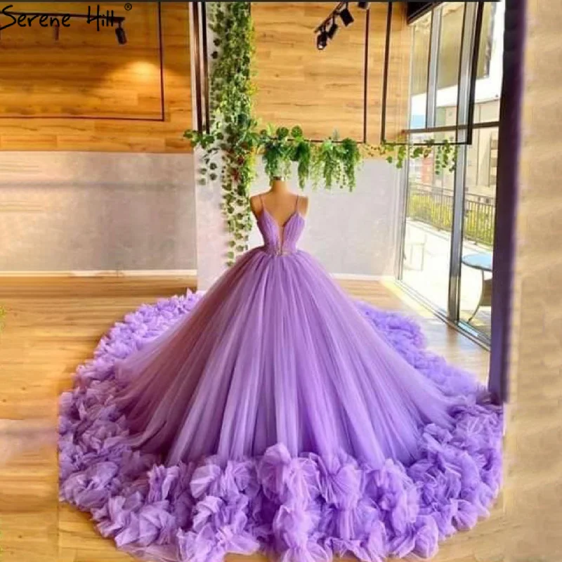 Serene Hill Purple Puffy Flowers Luxury Sleeveless Wedding Dresses 2024 Spaghetti Strap Sexy Tulle Bridal Gown HA2487