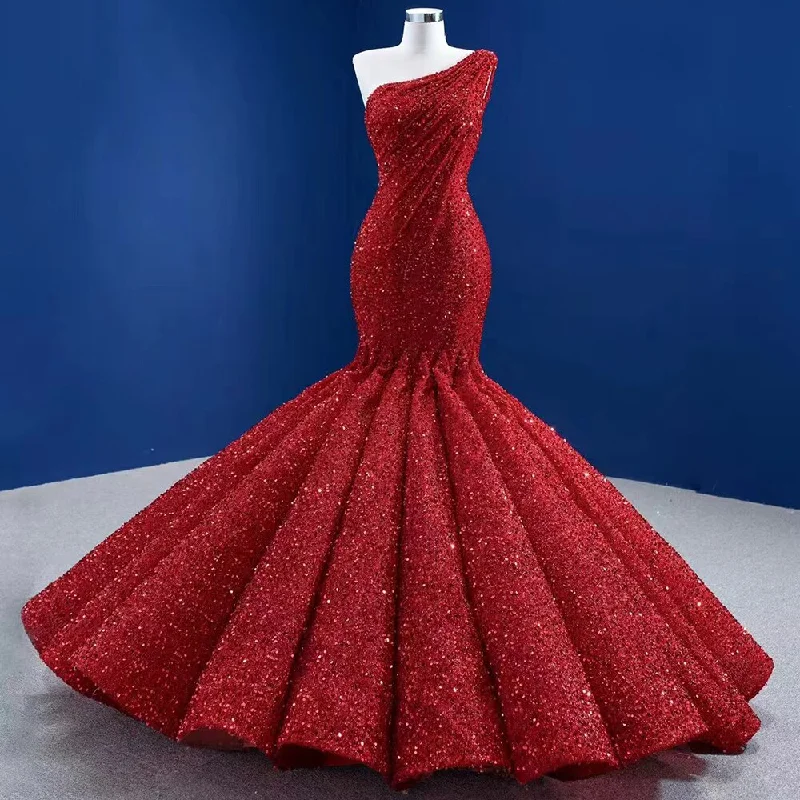 Serene Hill Red One Shoulder Luxury Evening Dresses 2024 Sequins Beaded Mermiad Elegant Bridal For Women Party HM67447