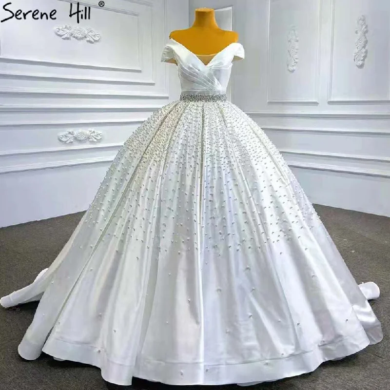 Serene Hill White Beaded Crystal Wedding Dresses 2024 Satin Luxury Sweetheart Bride Gowns HM67422 Custom Made