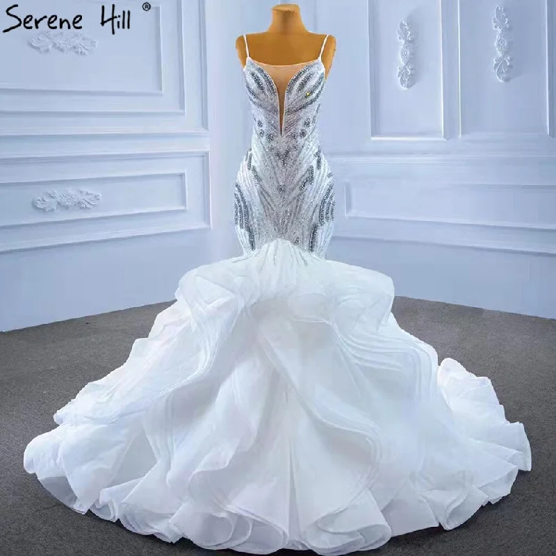 Serene Hill White Ruffles Beaded Luxury Wedding Dresses Gowns 2024 Spaghetti Straps Mermaid Elegant Bridal Dress HM67386