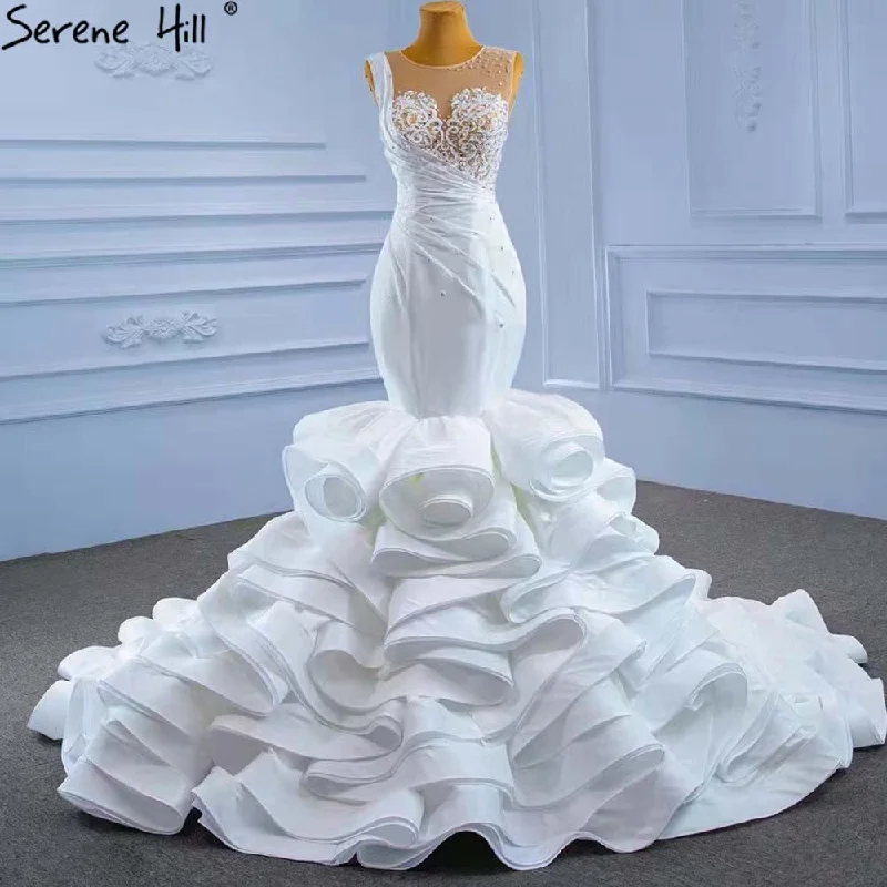 Serene Hill White Ruffles Beaded Wedding Dresses 2024 Sleeveless Luxury High-end Bride Gowns HM67413 Custom Made