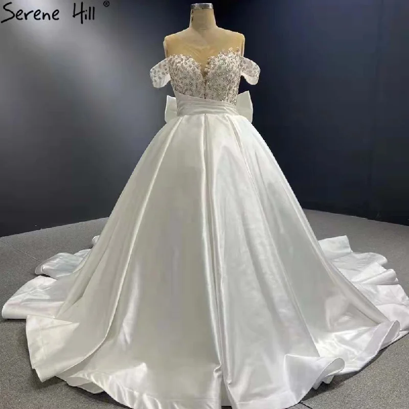 Serene Hill White Satin Lace Up Wedding Dresses 2024 Beaded Bow High-end Bride Gowns HM67412 Custom Made