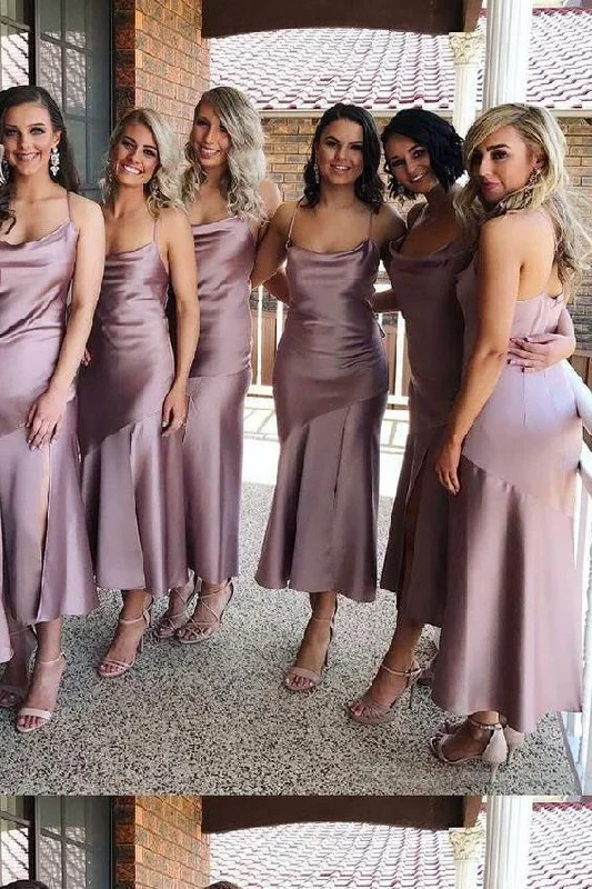 Sheath Spaghetti Straps Tea Length Lilac Bridesmaid Dress With Split Prom Dresses  C503