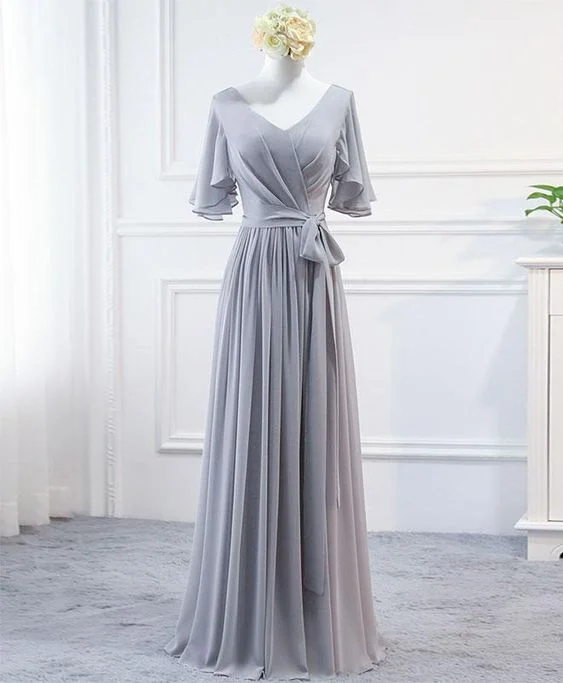 Simple Chiffon Grey Long Bridesmaid Dresses, Grey Prom Dress C849