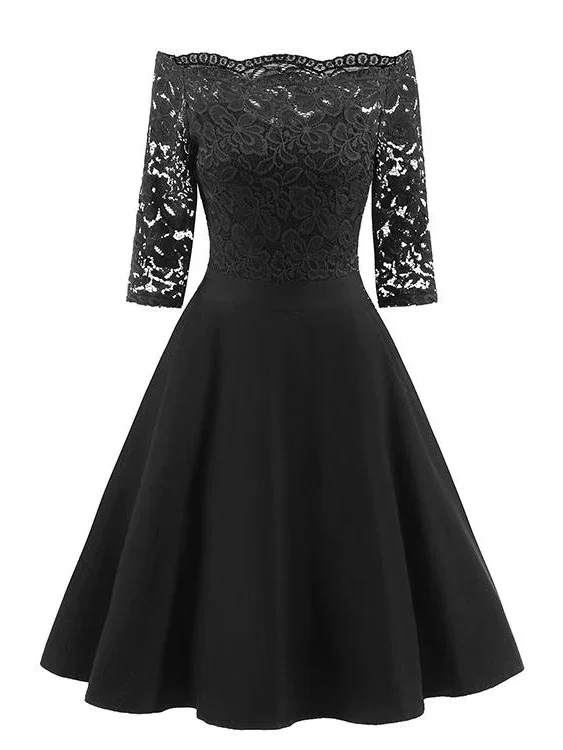 Vintage Short Black Bridesmaid Dresses One Shoulder Lace Party Dress with Sleeves c2886