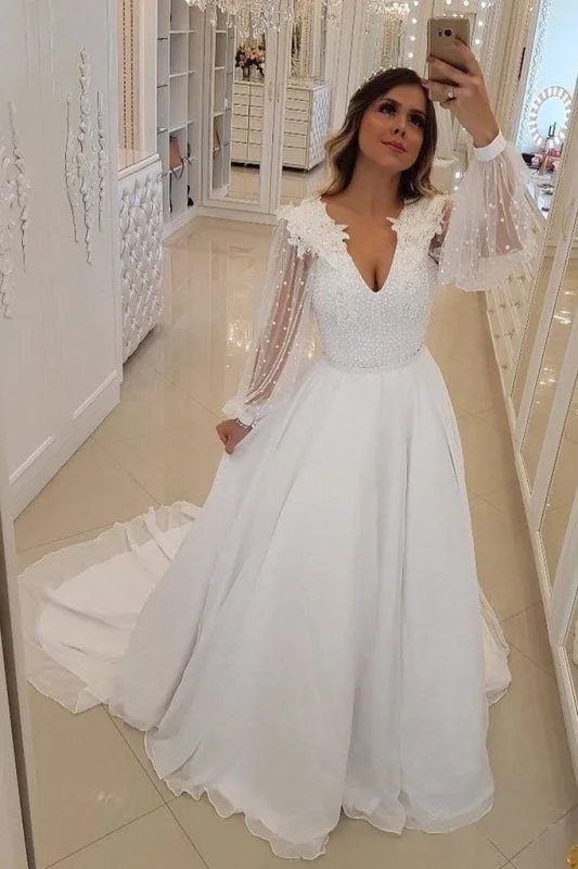 A Line Sleeves V Neck Long Prom Dresses White Beach Wedding Dress with Beading