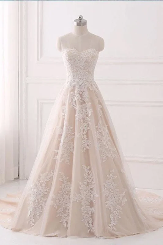 A Line Sweetheart Tulle Wedding Dress with Appliques Strapless Prom Dresses