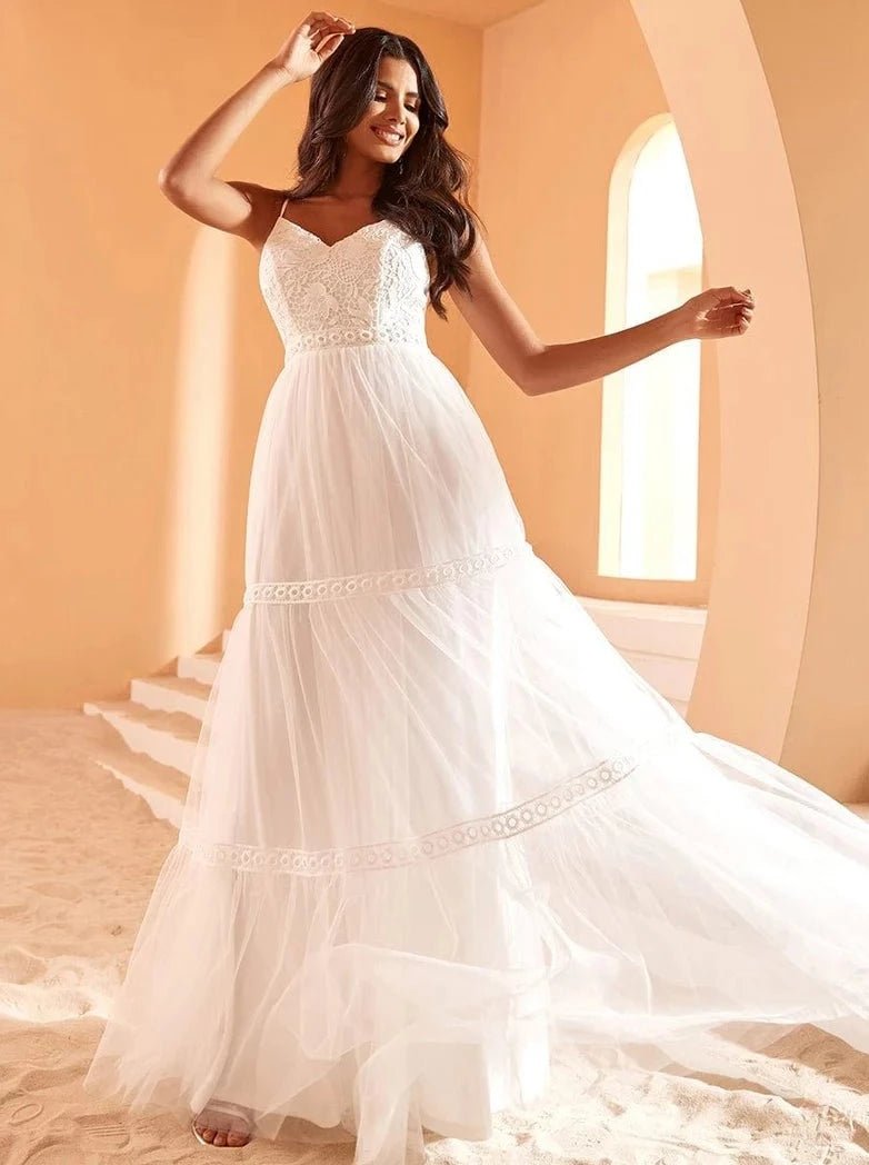 Amber thin strapped crochet boho Ivory wedding dress