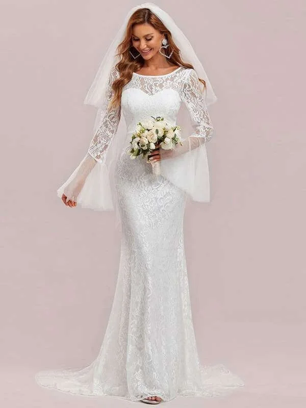 Amelia full lace low back boho wedding dress with sleeves and train in ivory