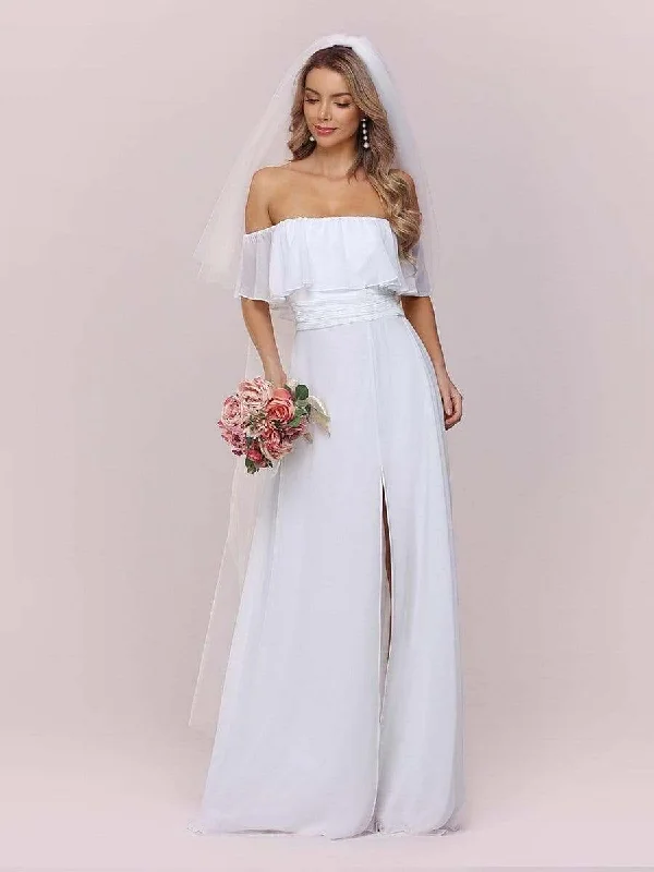 Angelina off shoulder beach wedding dress with slit in white