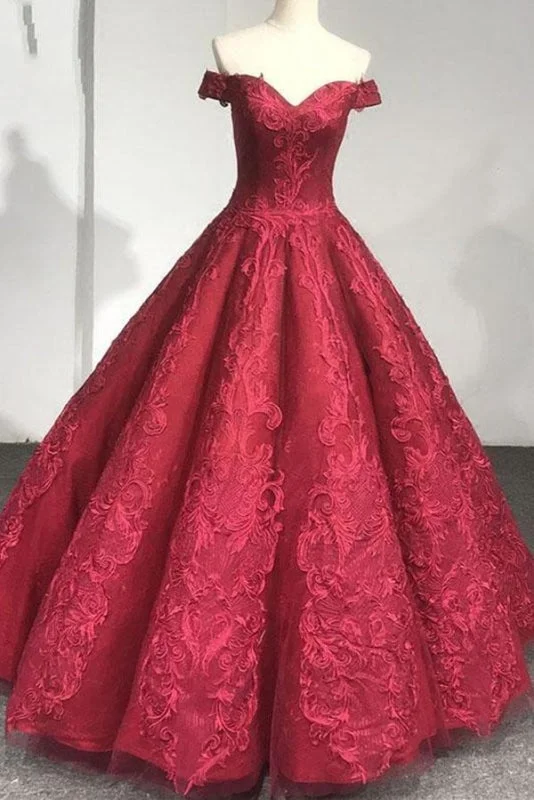 Burgundy Off the Shoulder Puffy Prom Lace Wedding Dresses Quinceanera Dress