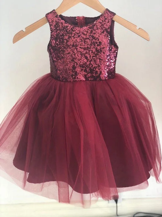 Burgundy Tulle/Sequins Flower Girl Dresses for Wedding Party