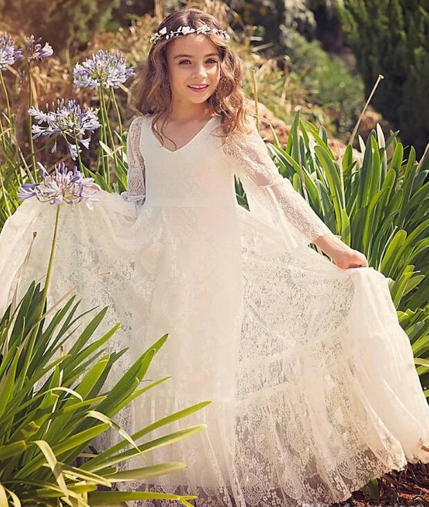 Country Boho Lace V Neck Flower Girl Dresses for Wedding Party