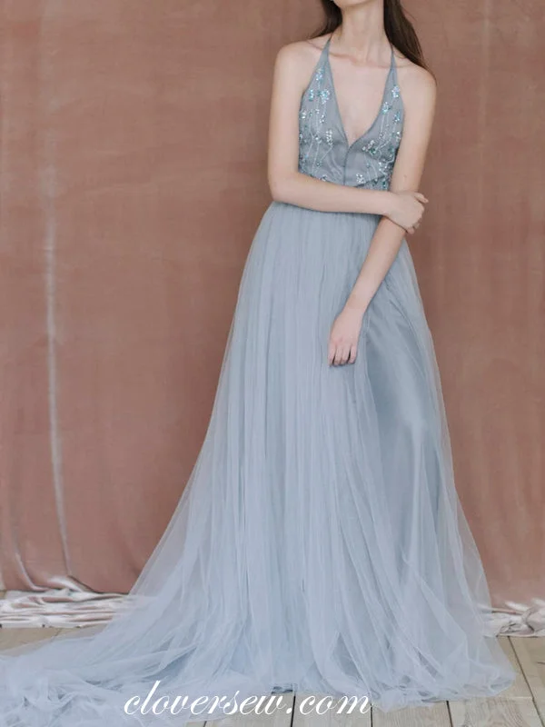 Dusty Blue Tulle Beaded Halter A-line Unique Wedding Dresses, CW0250