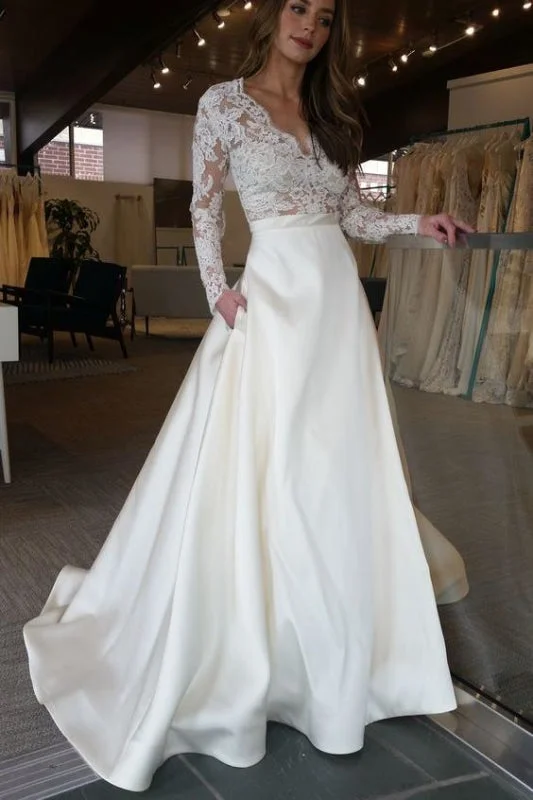 Elegant Ivory Sleeves Sweep Train Satin Long Wedding Dress with Top Lace