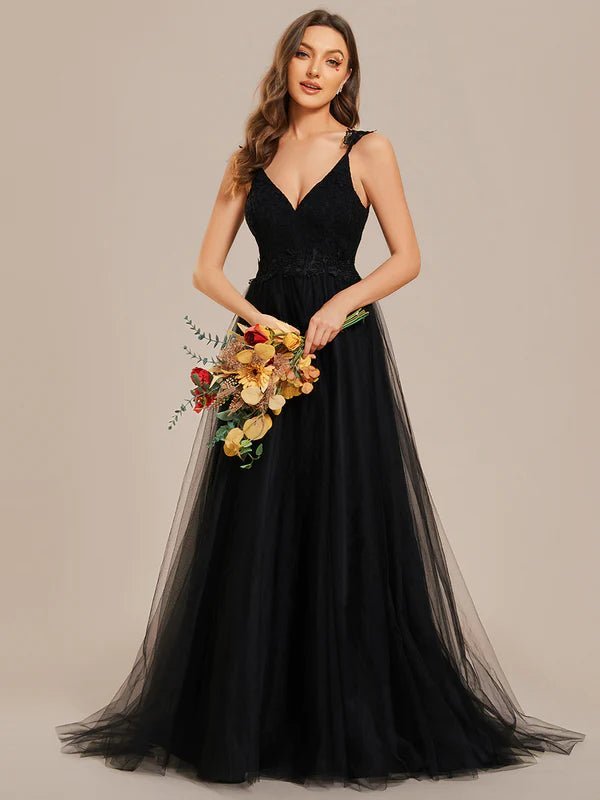 Elizabeth double V neck Black Wedding dress