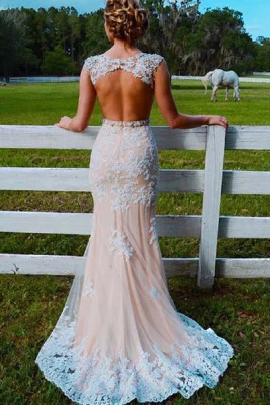 Excellent Graceful Amazing Sweep Train Open Back Tulle Prom with Appliques Mermaid Wedding Dress