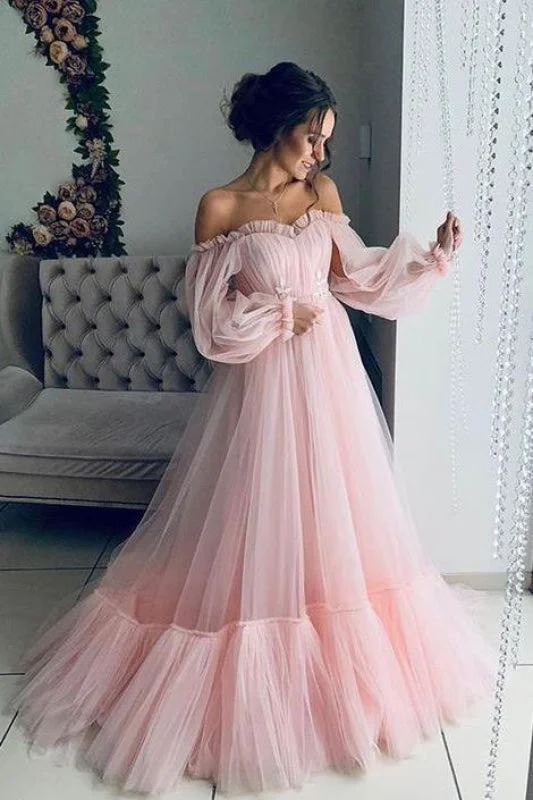 Fascinating Modest Excellent Light Pink Long Sleeves Prom Boho Off the Shoulder Beach Wedding Dresses