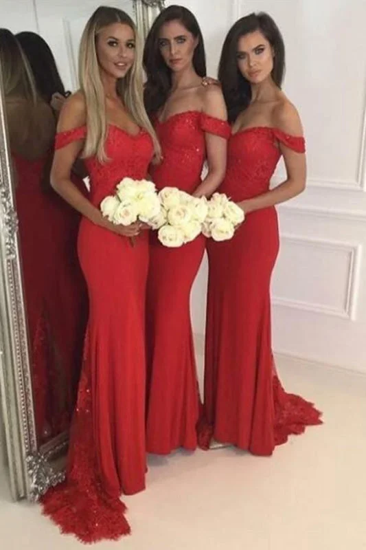 Fascinating Modest Modest Off Shoulder Mermaid Red Bridesmaid with Lace Sequins Stylish Wedding Party Dress