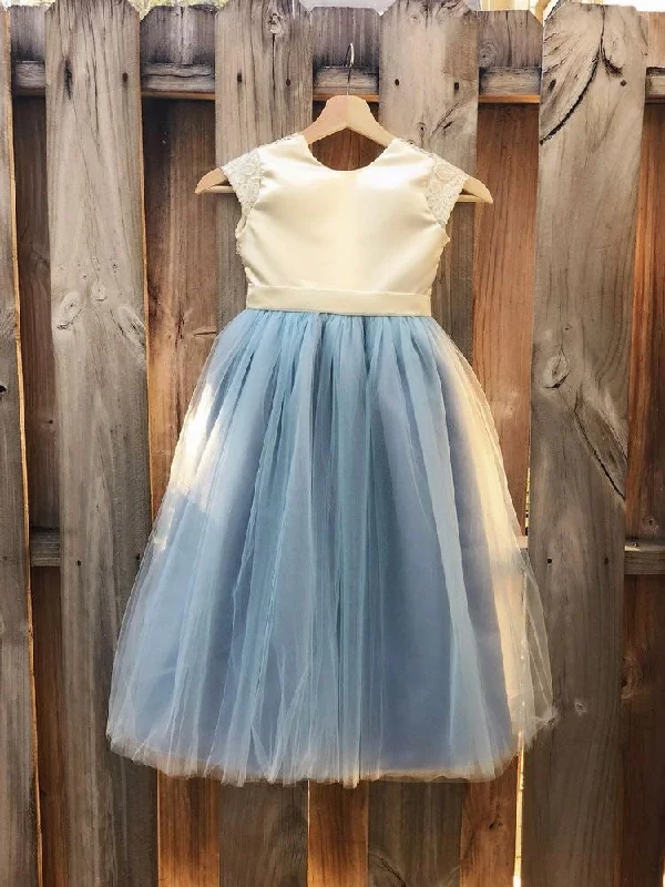 Floor Length Tulle Grey Blue Cap Sleeves Flower Girl Dresses for Wedding