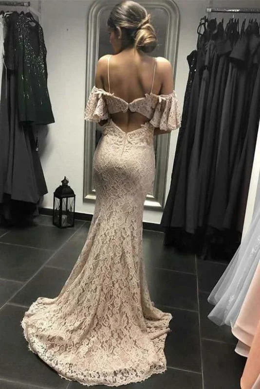 Ivory Mermaid Spaghetti Straps Open Back Prom Lace Wedding Dress