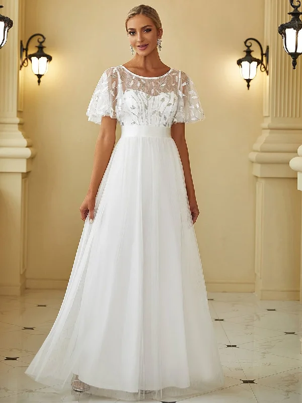 Jen flutter sleeve leaf patterned tulle wedding dress in Ivory