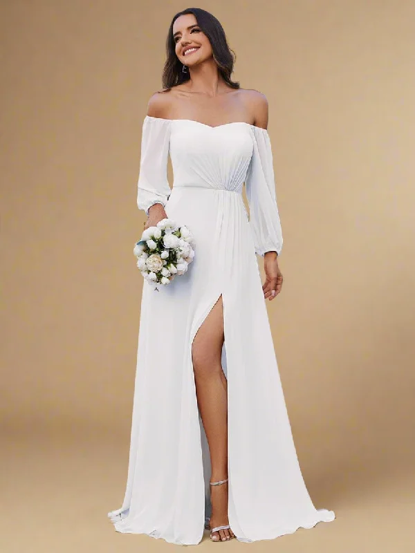 Julia off shoulder ivory chiffon wedding dress with split