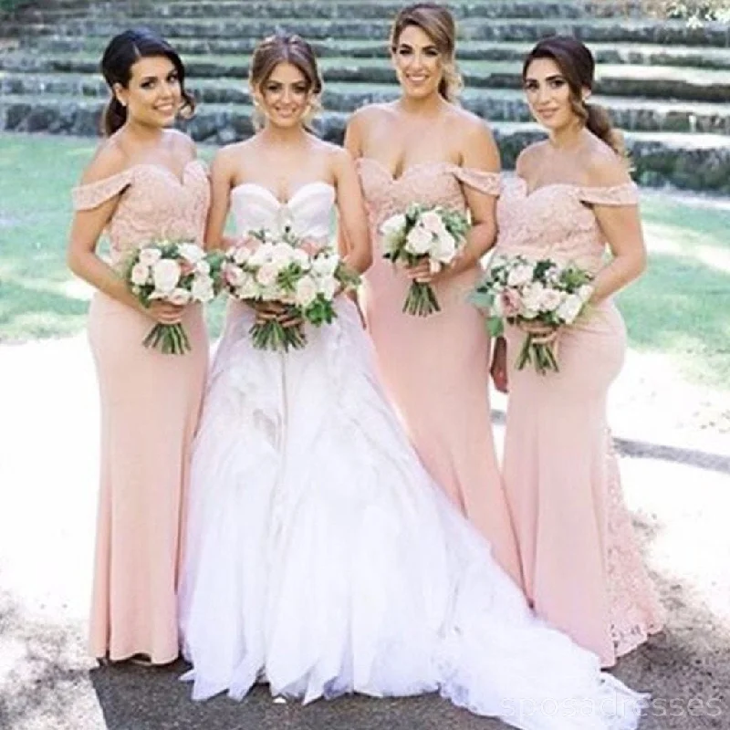 Junior Pretty Blush Pink Lace Off Shoulder Mermaid Bridesmaid Dresses, WG55