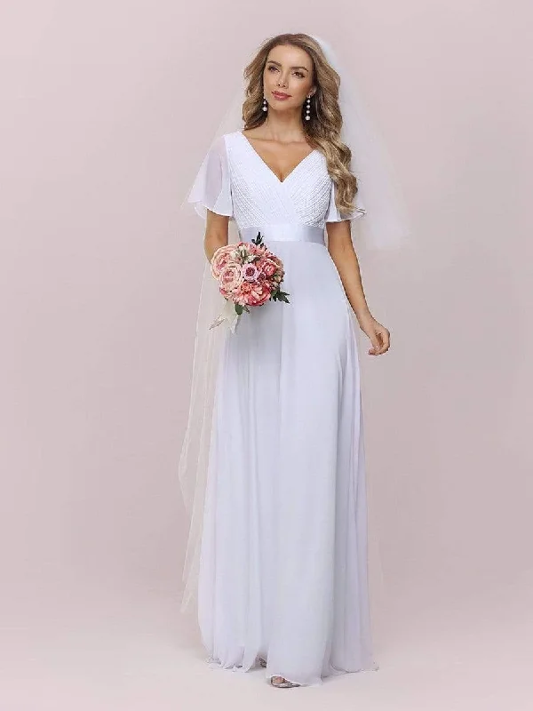 Kelsie v neck flutter sleeve chiffon wedding dress in white