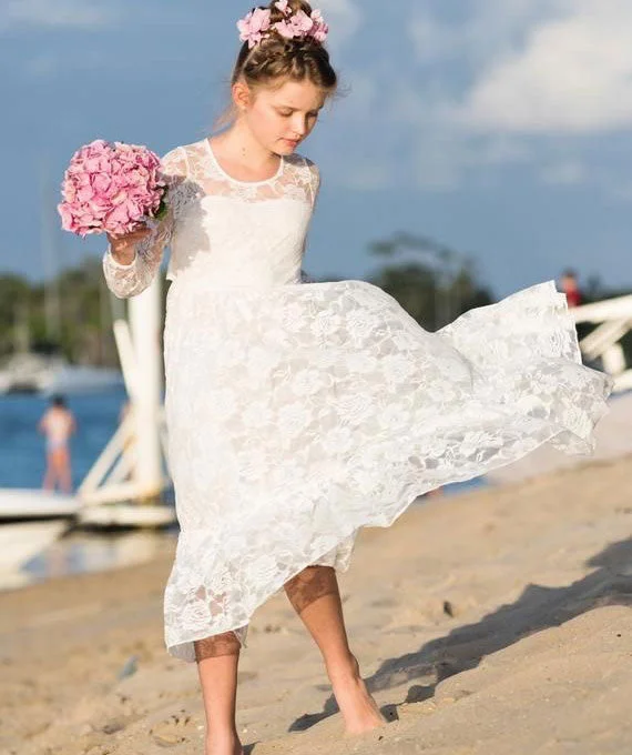 Lace Flower Girl Dresses with Full Sleeves for Wedding Party