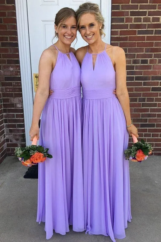 Lavender Halter Floor Length Chiffon Bridesmaid Cheap Long Wedding Guest Dress