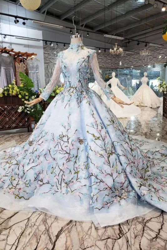 Light Blue Ball Gown Wedding with Lace Flowers Beading Quinceanera Dresses