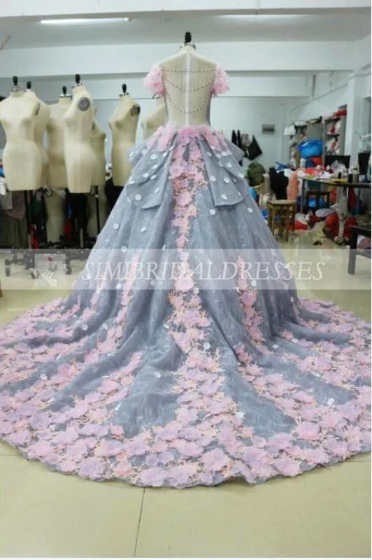 Luxurious Ball Backless Appliqued Long Dress Wedding Gown with Flowers