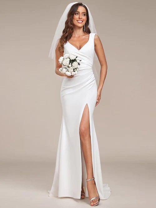 Nadine modern wedding dress with split and train in Ivory