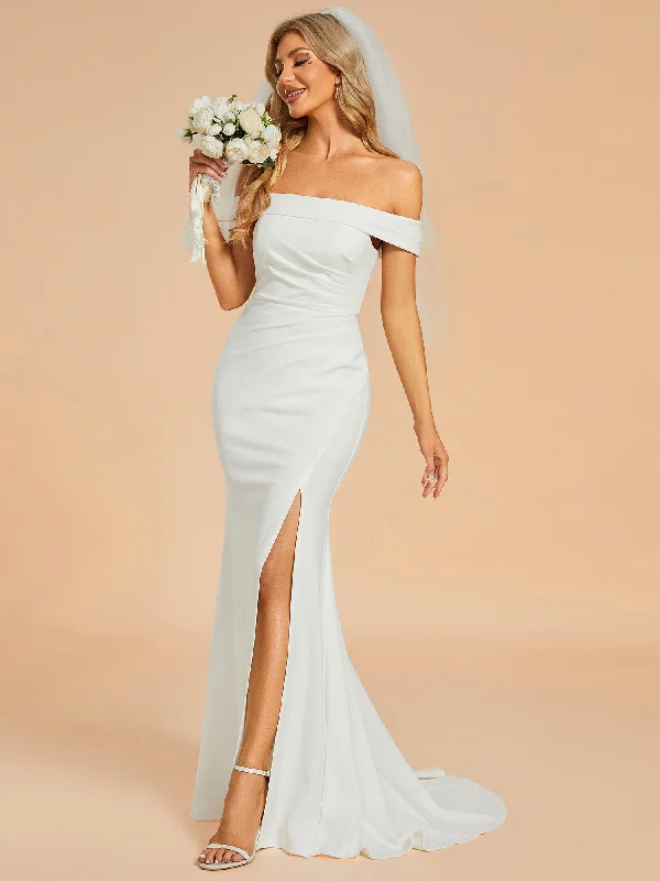 Nadiya off shoulder wedding dress with split and train in Ivory