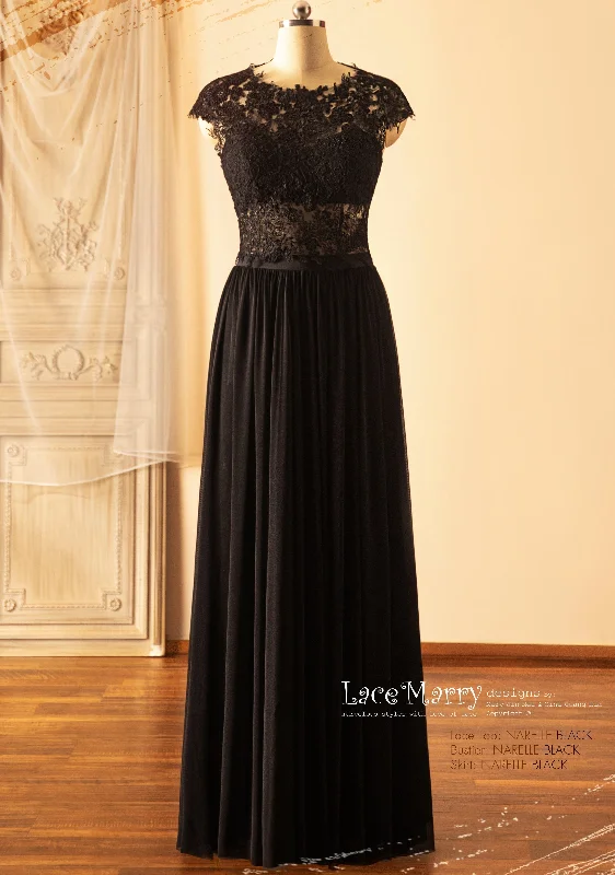 NARELLE / Black Wedding Dress with Boat Neckline Lace Top